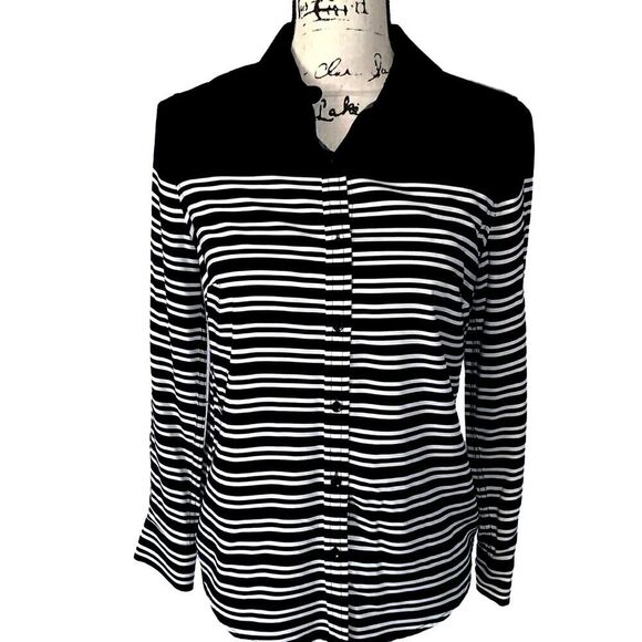 CHARTER CLUB white & black striped blouse SP - Picture 1 of 4